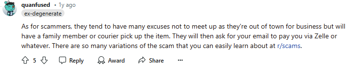 Reddit post on how to identify Facebook Marketplace scammer