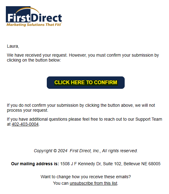 First Direct Marketing email confirmation