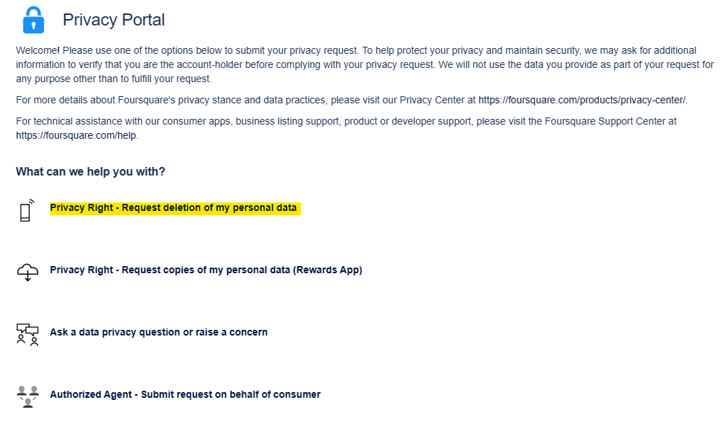 Foursquare privacy portal