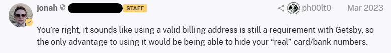 Forum post about still needing to use a valid billing address when using Getsby cards