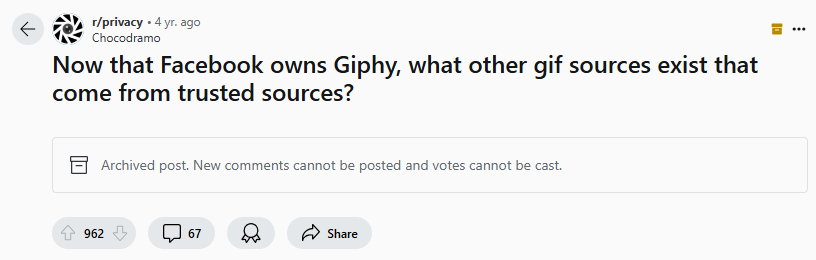 Redditor looking for alternatives to Giphy (when it was owned by Meta)