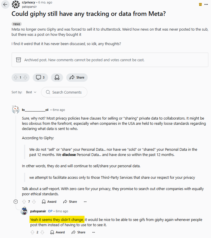 Reddit post asking if Giphy could still have tracking from Meta even though it's owned by Shutterstock