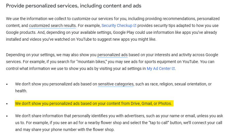 Information about personalized experiences ("We don't show you personalized ads based on your content from Gmail")