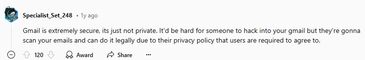 Reddit post about Gmail safety and privacy