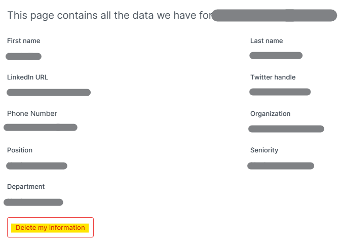 Hunter profile and "Delete my information" button