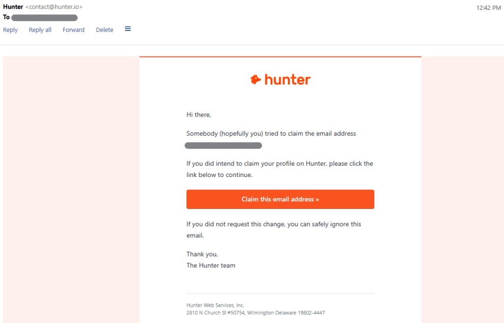 Hunter email confirmation link