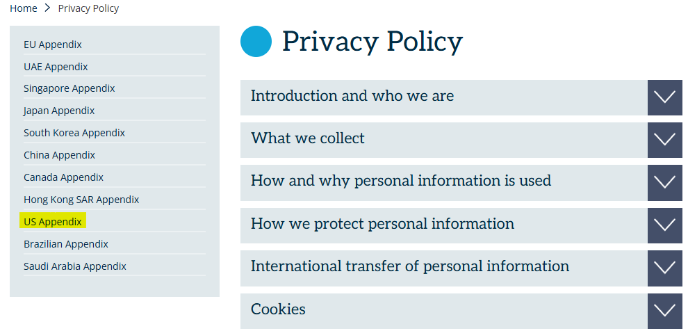 Informa privacy policy menu