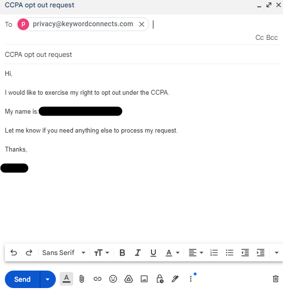 KeywordConnects opt out email request example