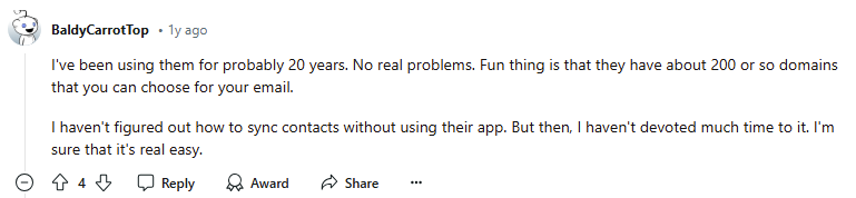 Reddit post about mail.com