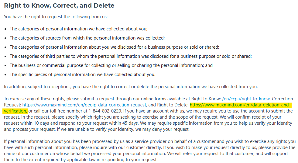 MaxMind Right to Know, Correct, and Delete