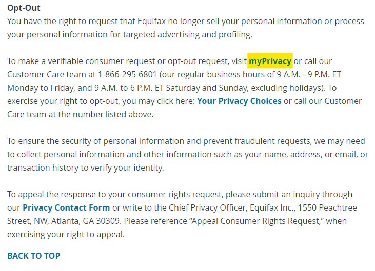 Opt out information and myPrivacy link