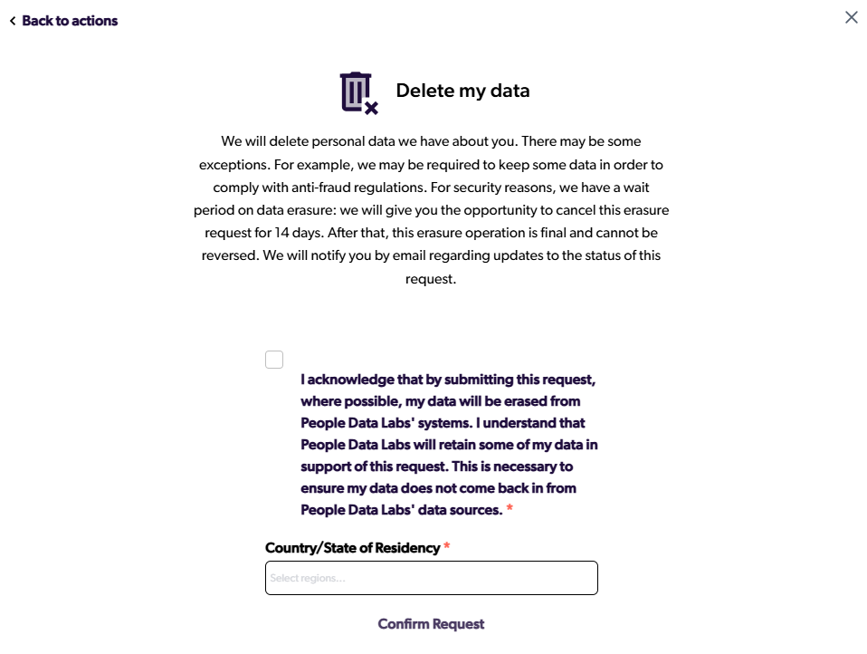 PeopleDataLabs delete my data confirm request