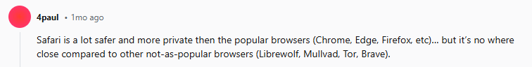 Reddit post on the safety and privacy of Safari