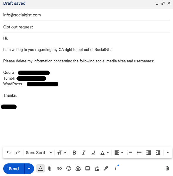 SocialGist email opt out request