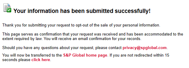 S&P Global opt out request submitted