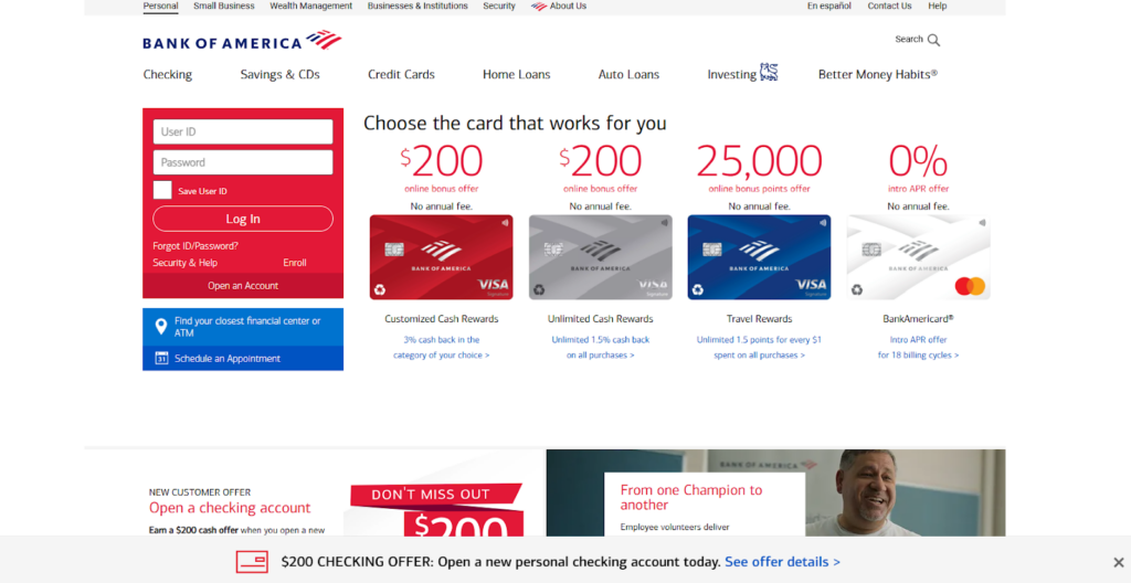 Bank of America homepage