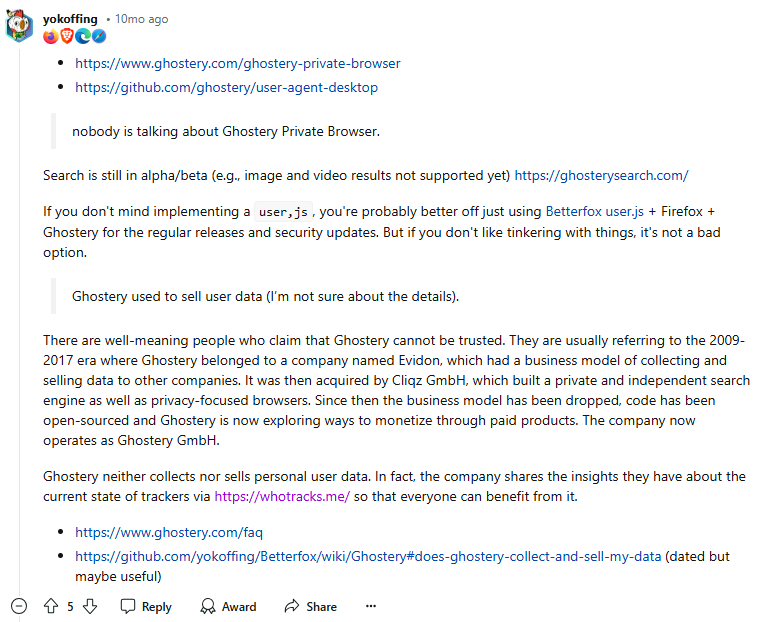 Reddit post about Ghostery