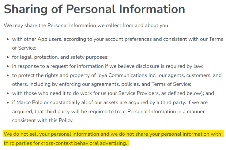 Marco Polo app privacy policy "Sharing of Personal Information" section