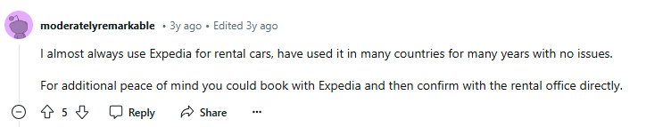 Reddit post about renting a car through Expedia