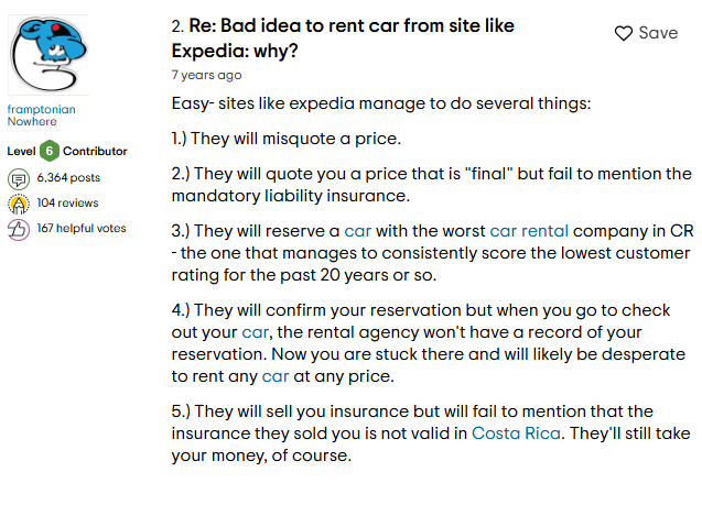 Tripadvisor forum post about why it's a bad idea to rent a car from a site like Expedia