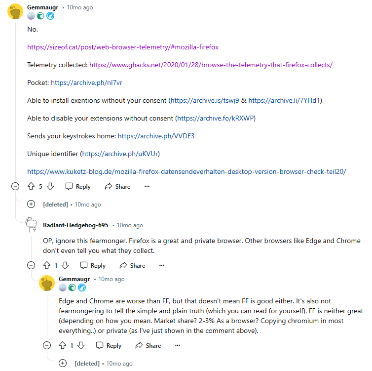 Reddit post about Firefox privacy