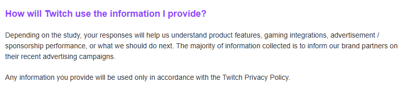 Twitch privacy policy - "How will Twitch use the information I provide" section 