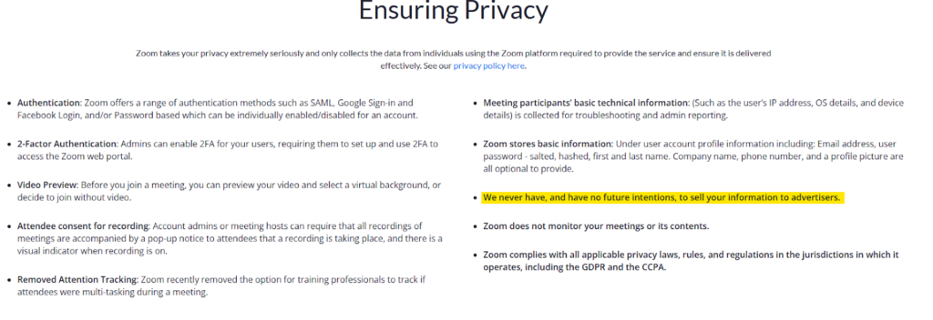 Zoom "Ensuring Privacy" section