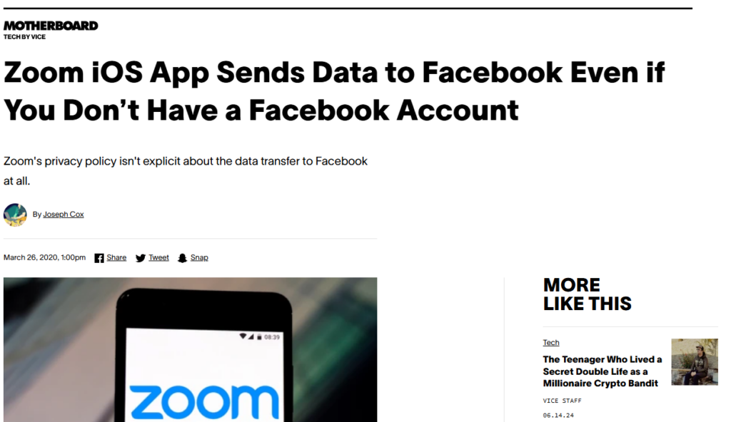 Motherboard headline "Zoom iOS App Sends Data to Facebook Even if You Don't Have a Facebook Account"