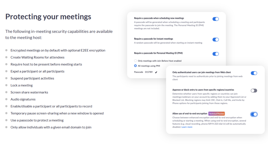 Zoom features for protecting meetings