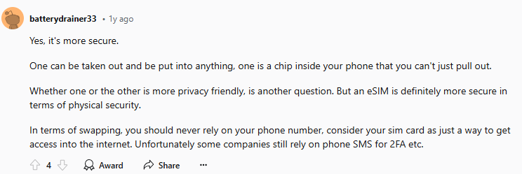 eSIM security according to Reddit