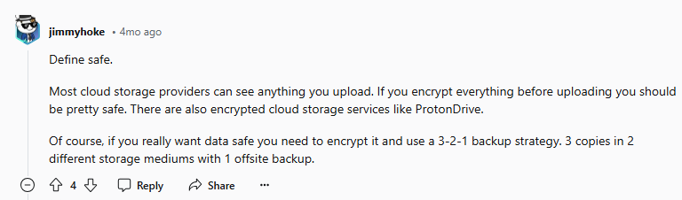 Reddit post about cloud storage safety