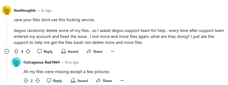 Reddit post about Degoo