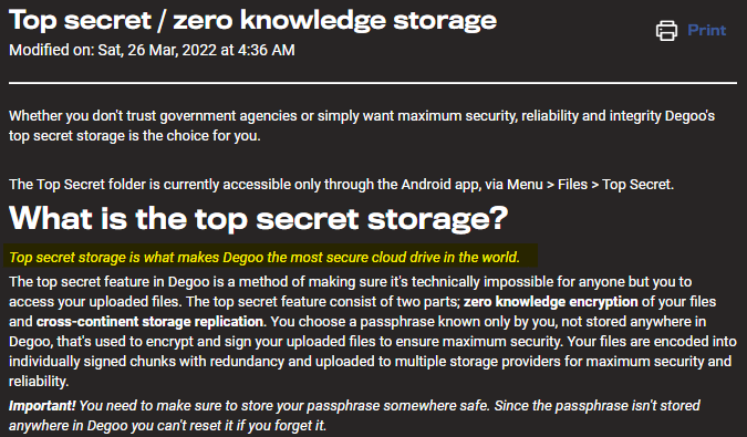 Degoo "Top secret / zero knowledge storage"