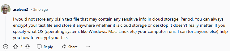 Reddit post about cloud storage privacy