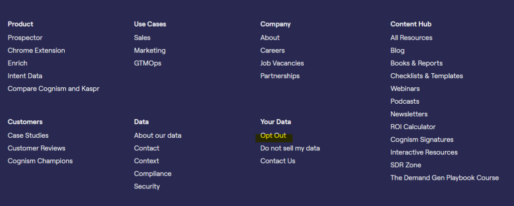Cognism footer "Opt Out" link