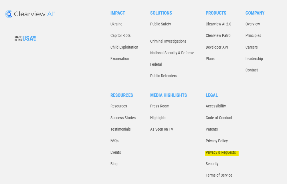 Clearview AI footer and "Privacy & Requests" link