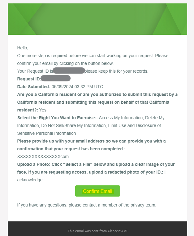 Clearview AI opt out email confirmation