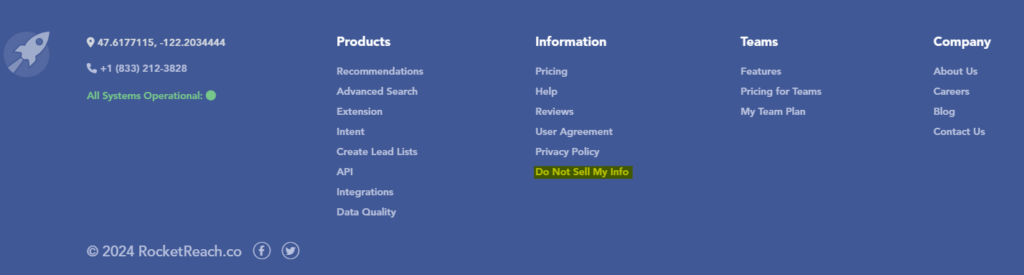 RocketReach footer and "Do Not Sell My Info" link