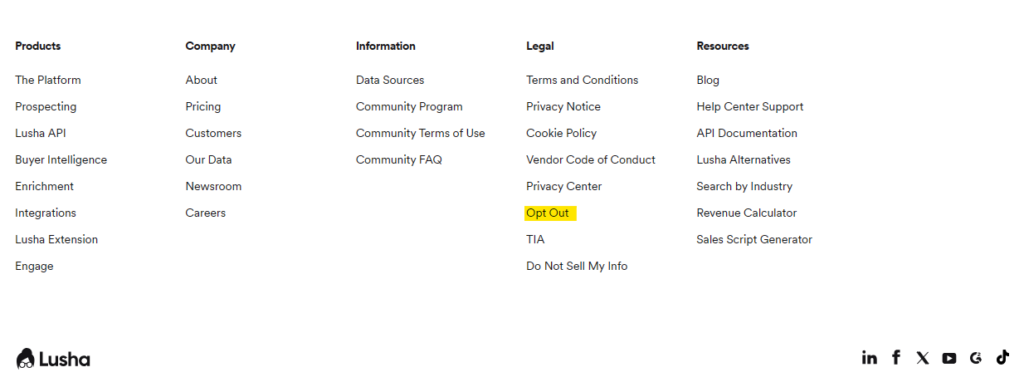 Lusha footer and "Opt Out" link