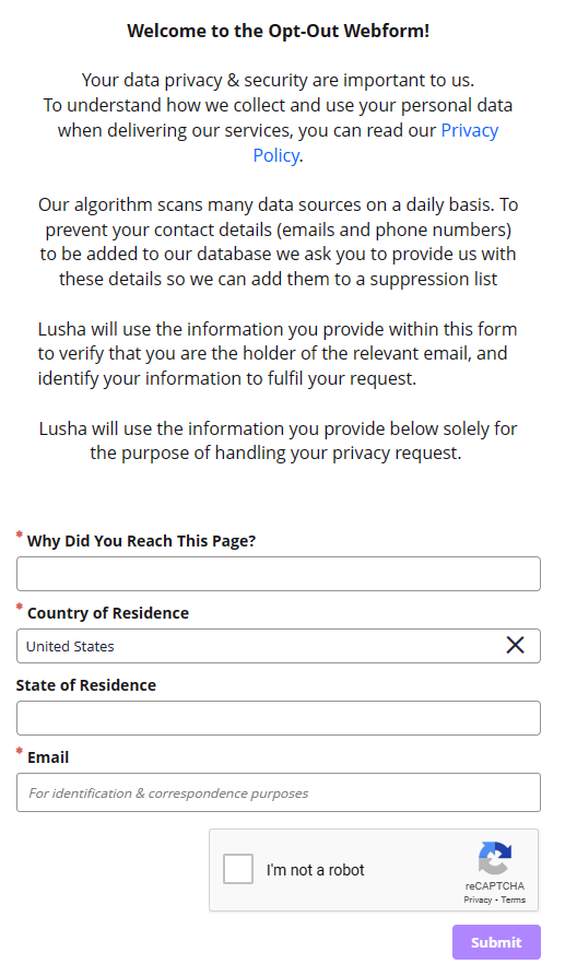 Lusha opt out form