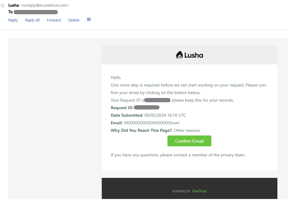 Lusha opt out confirmation email