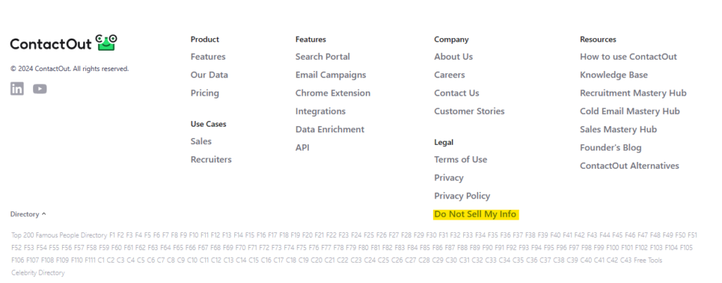 ContactOut footer and "Do Not Sell My Info" link