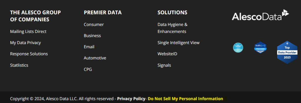 AlescoData footer and "Do Not Sell My Personal Information" link