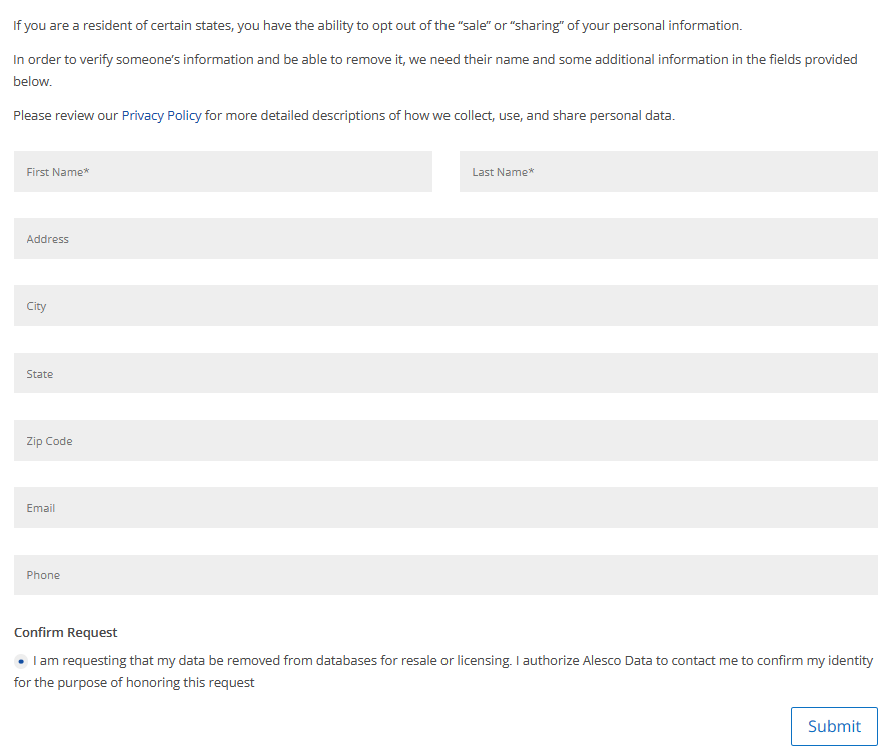 Alesco Data opt out form