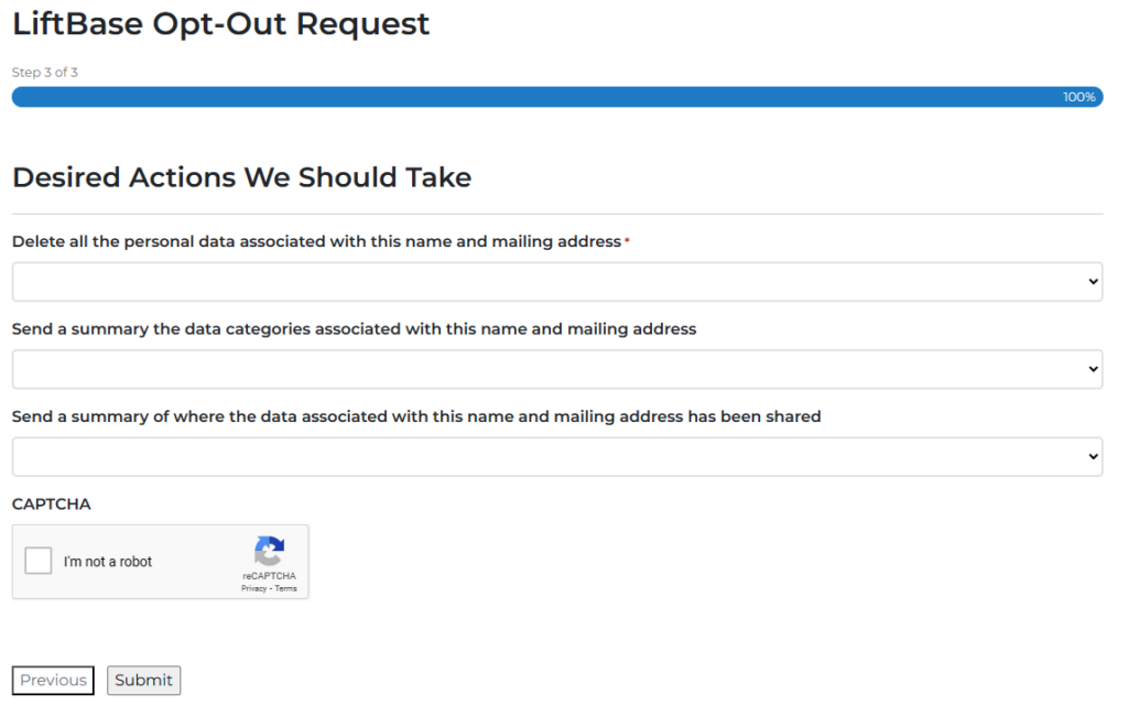 LiftBase desired privacy actions