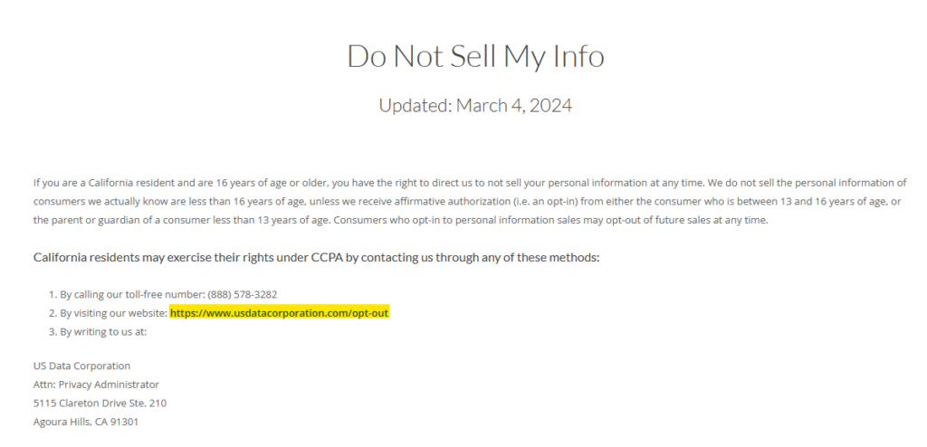 US Data Corporation 'Do Not Sell My Info' section