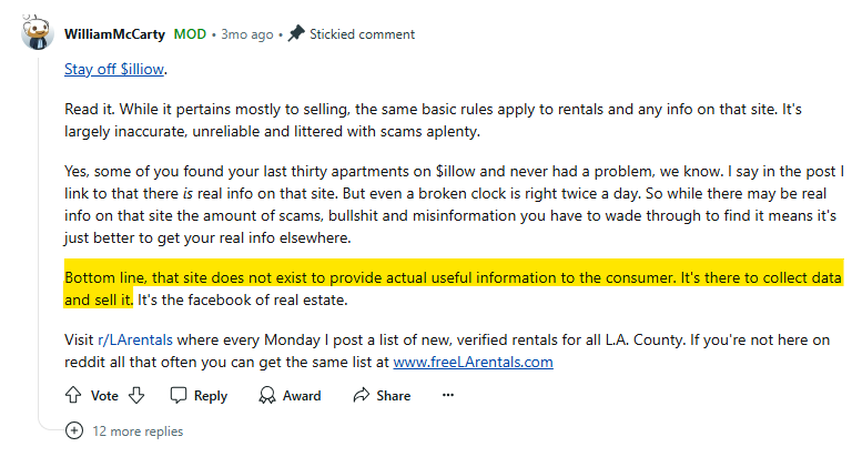 Reddit post saying Zillow exists to collect data