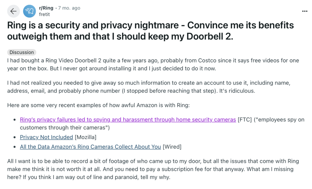 Reddit post about Ring being a security and privacy nightmare 