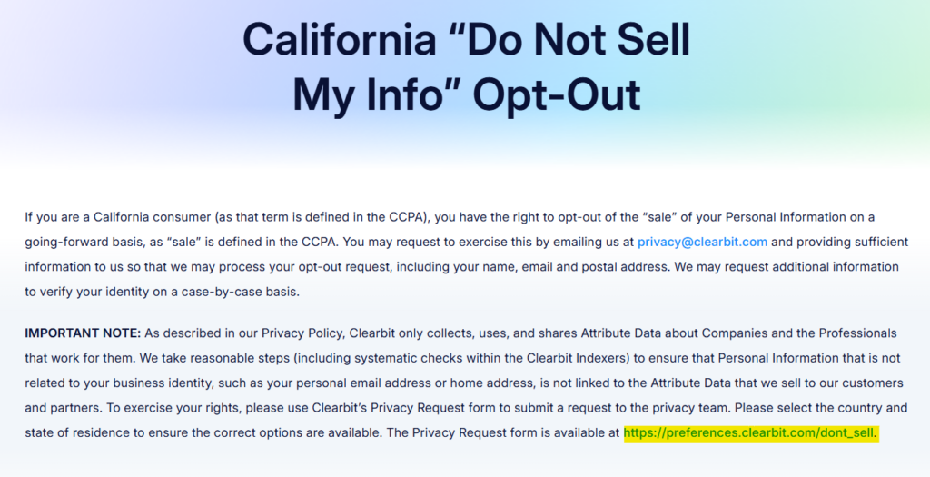 Clearbit California "Do Not Sell My Info" Opt-Out page 