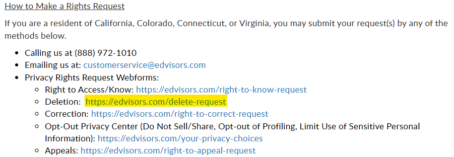 Edvisors privacy policy 'How to Make a Rights Request' section
